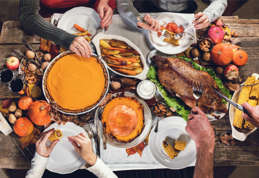 Family feasting of Thanksgiving day Roasted turkey