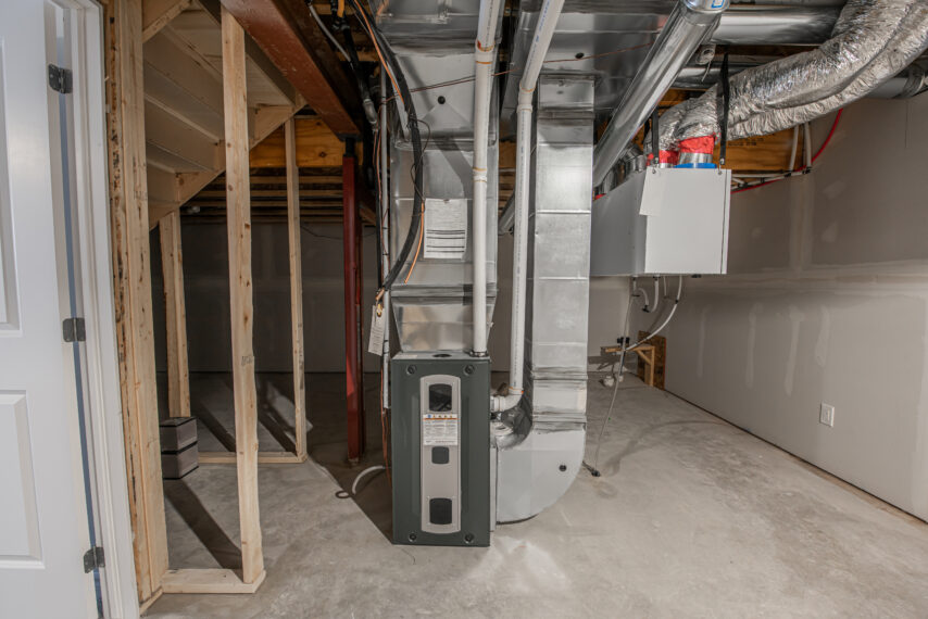 HVAC system inside a utility closet room of house basement with